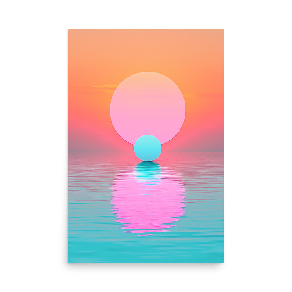 Surreal landscape with a pink and orange sky, a blue sphere, and reflection on water.