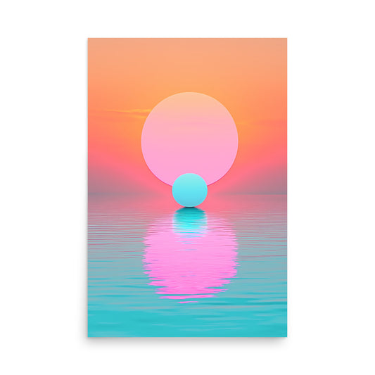 Surreal landscape with a pink and orange sky, a blue sphere, and reflection on water.