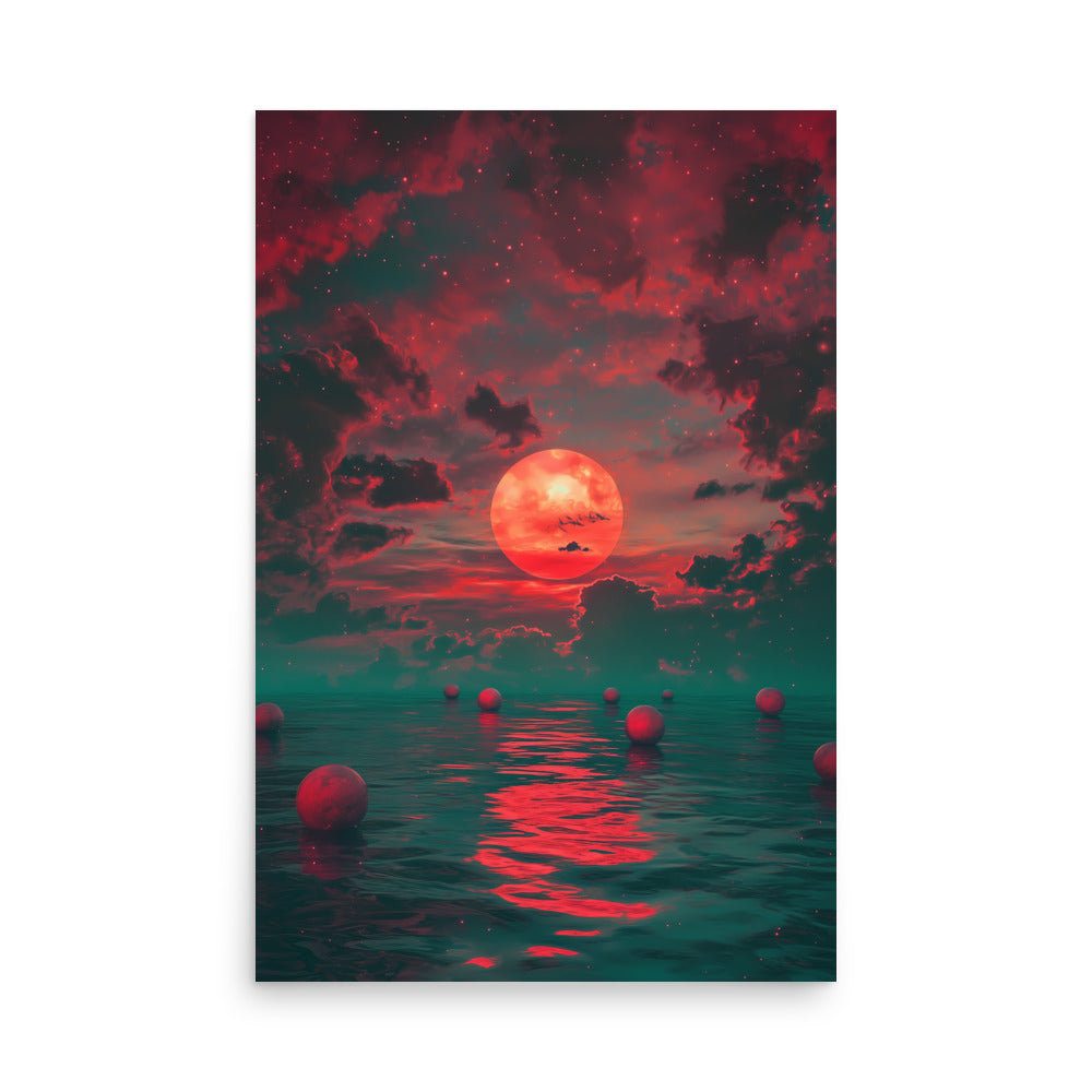 Surreal landscape with a red sun and floating islands on water
