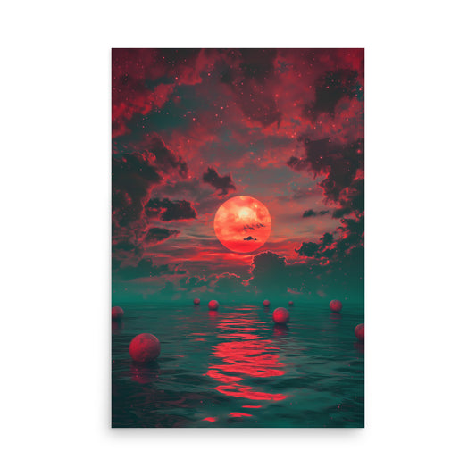 Surreal landscape with a red sun and floating islands on water