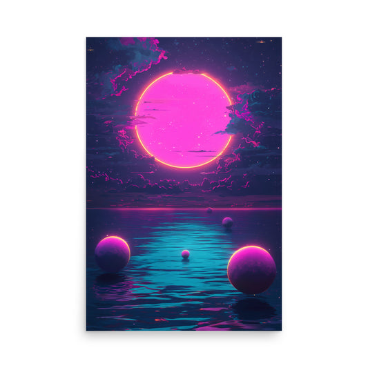 Futuristic landscape with a pink sun and planets over water