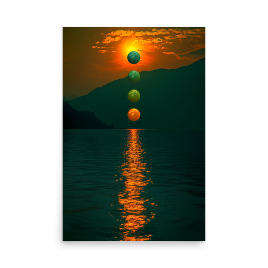 Sunset over a mountain range with three green suns