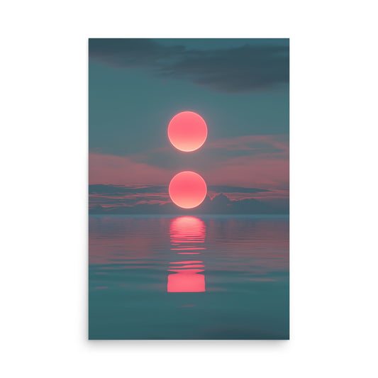 Two red suns setting over a calm body of water with a dark blue sky.