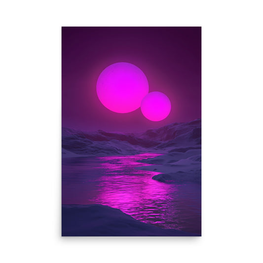 Futuristic landscape with two pink spheres and a reflective water surface on a white background