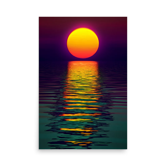 Sunset over water with a vibrant orange and purple sky.