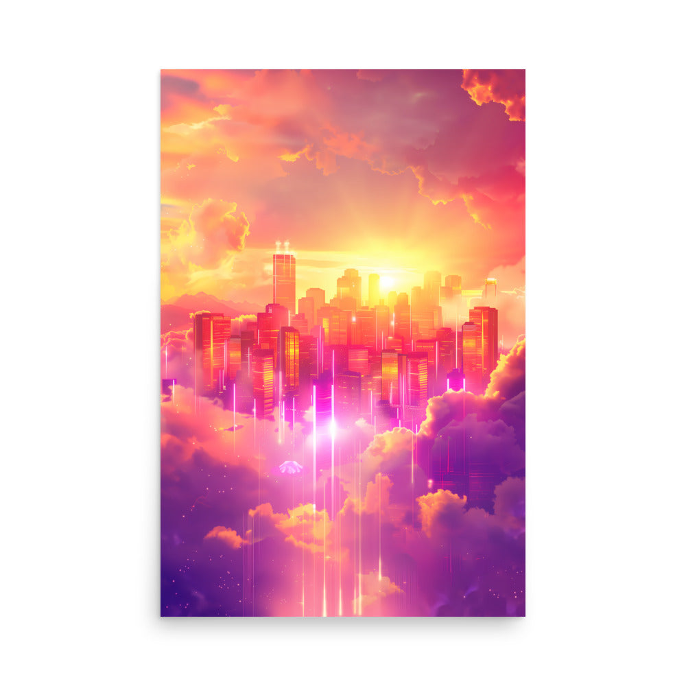 Futuristic cityscape with neon lights and vibrant colors in a fantasy setting