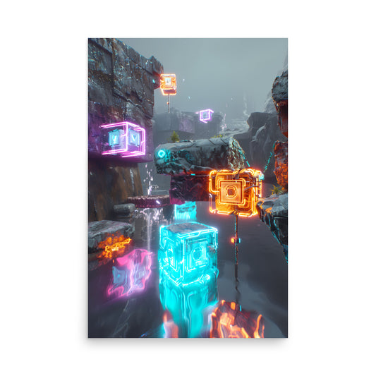 Neon-lit futuristic cityscape with glowing cubes and structures.