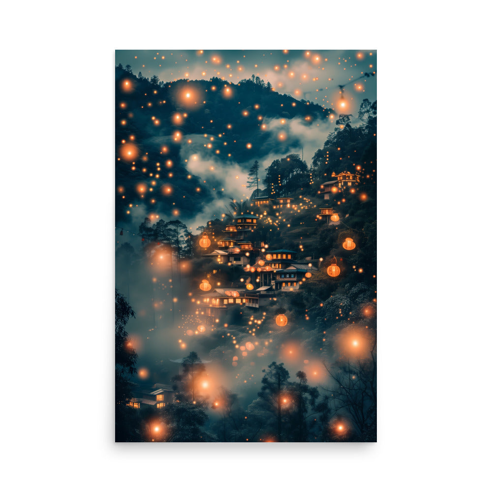 Mystical forest scene with glowing lights at night