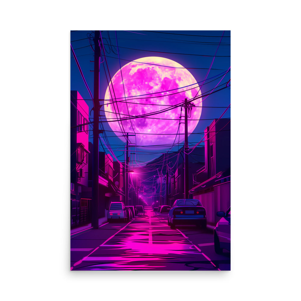 Neon-lit street scene with a large pink moon in the sky