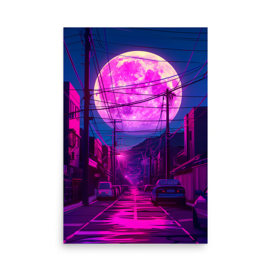 Neon-lit street scene with a large pink moon in the sky