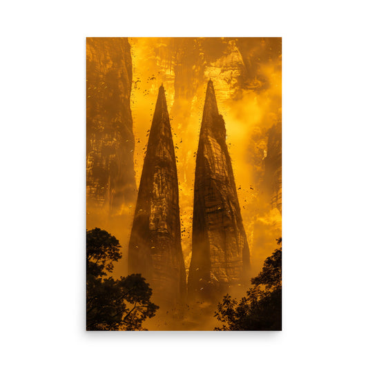 Two tall rock formations with a golden hue, surrounded by trees, on a white background.
