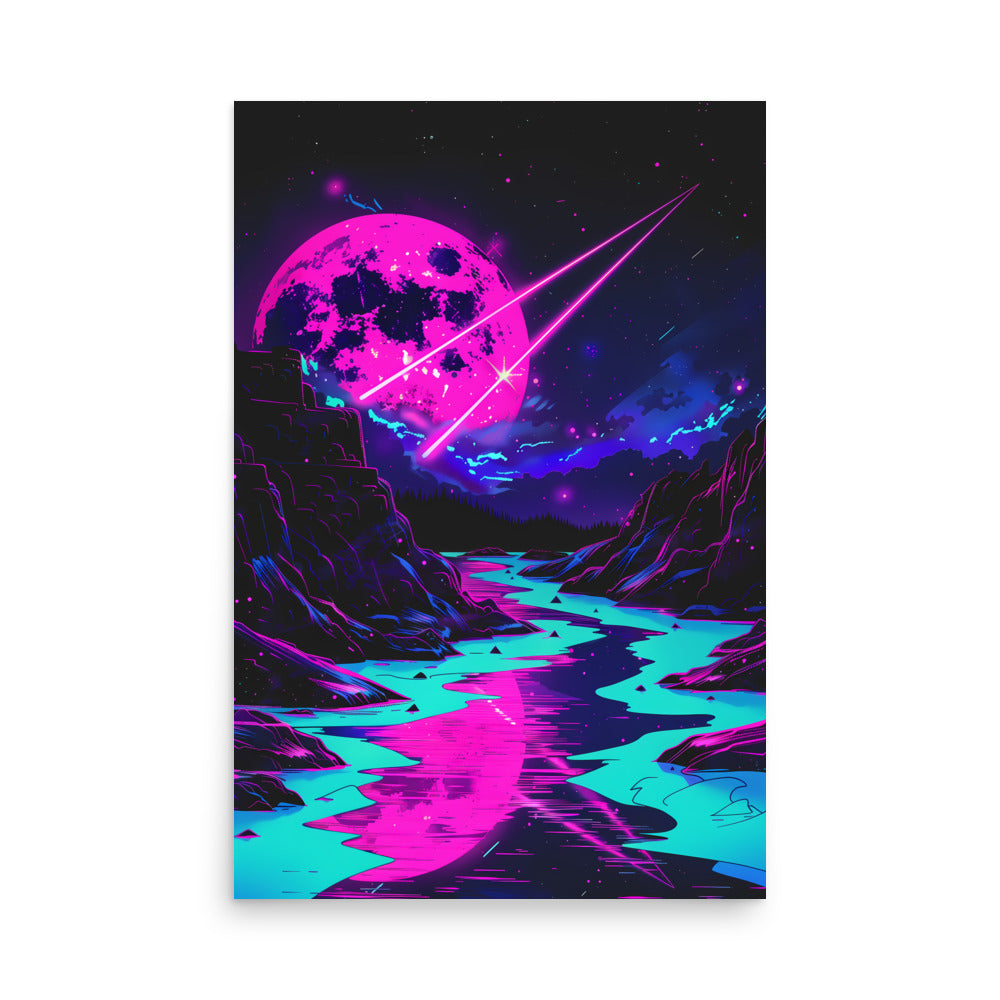 Futuristic landscape with a pink moon and blue reflections on a white background