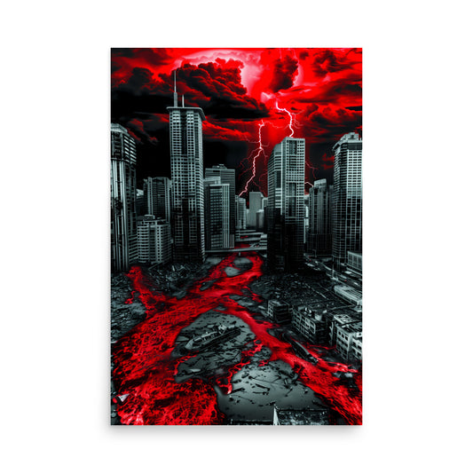 Apocalyptic cityscape with red lava flowing through streets and red sky