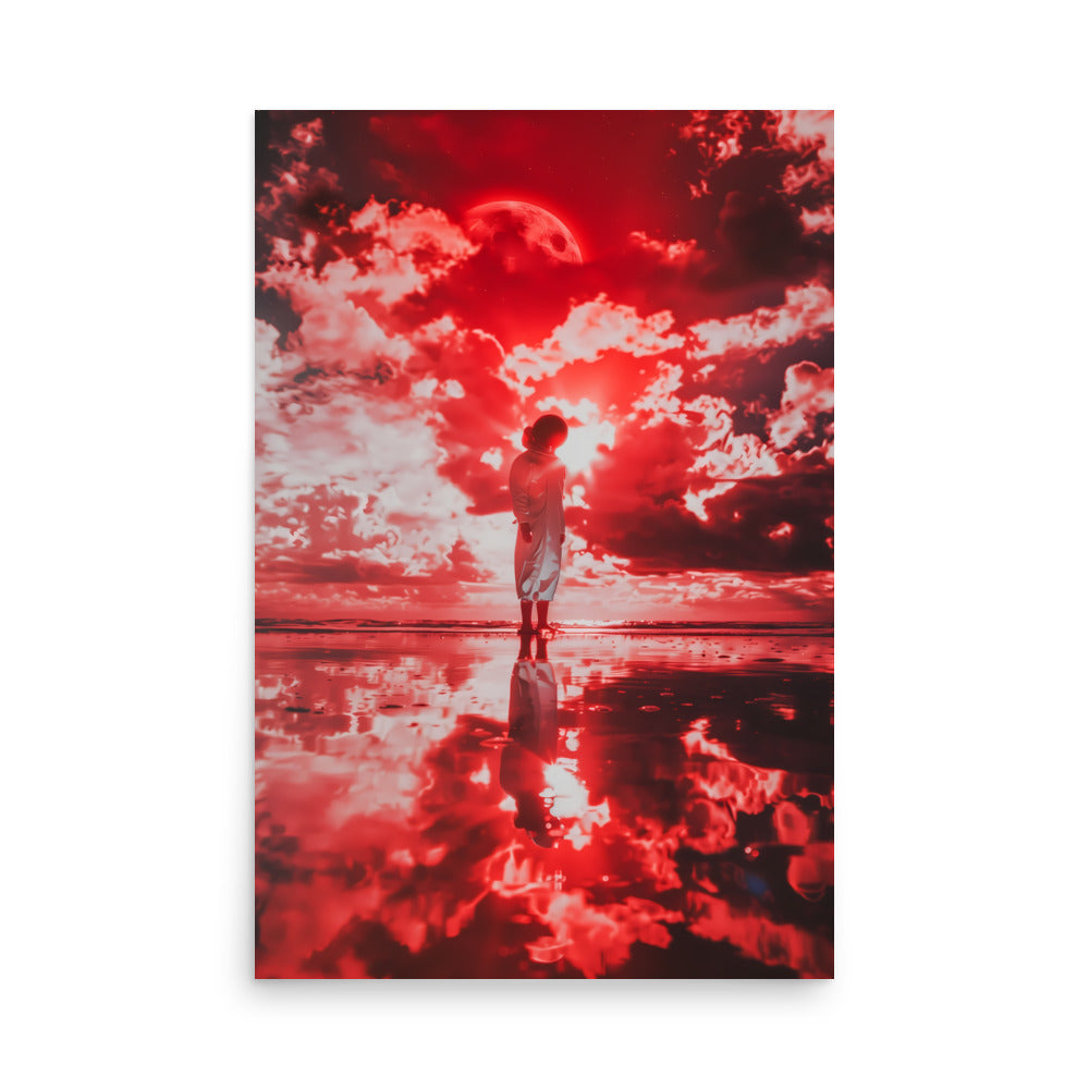 Person standing on a beach with a red and black sky