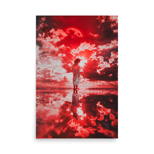 Person standing on a beach with a red and black sky