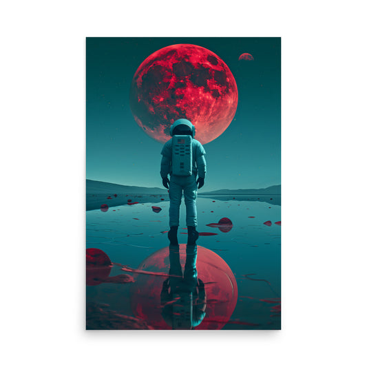 Astronaut standing on a reflective surface with a large red moon in the sky