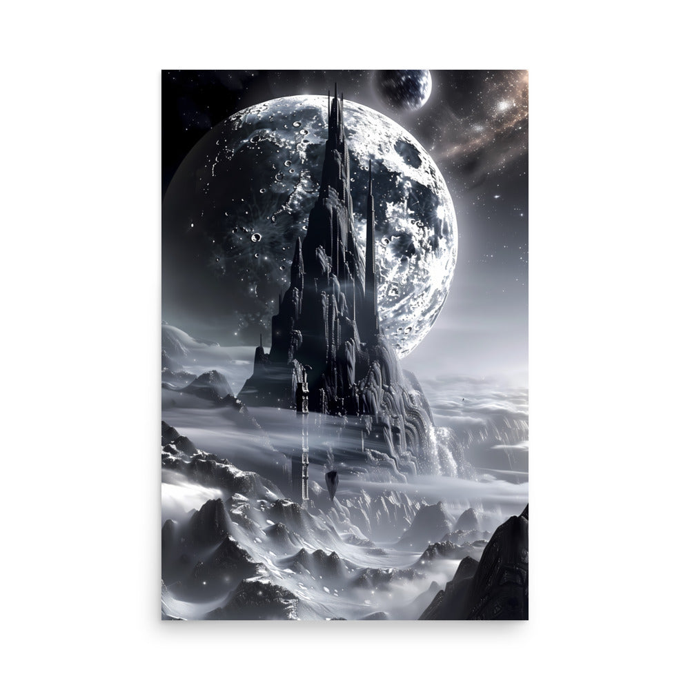Futuristic cityscape with tall buildings against a large moon in a sci-fi setting