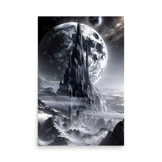 Futuristic cityscape with tall buildings against a large moon in a sci-fi setting