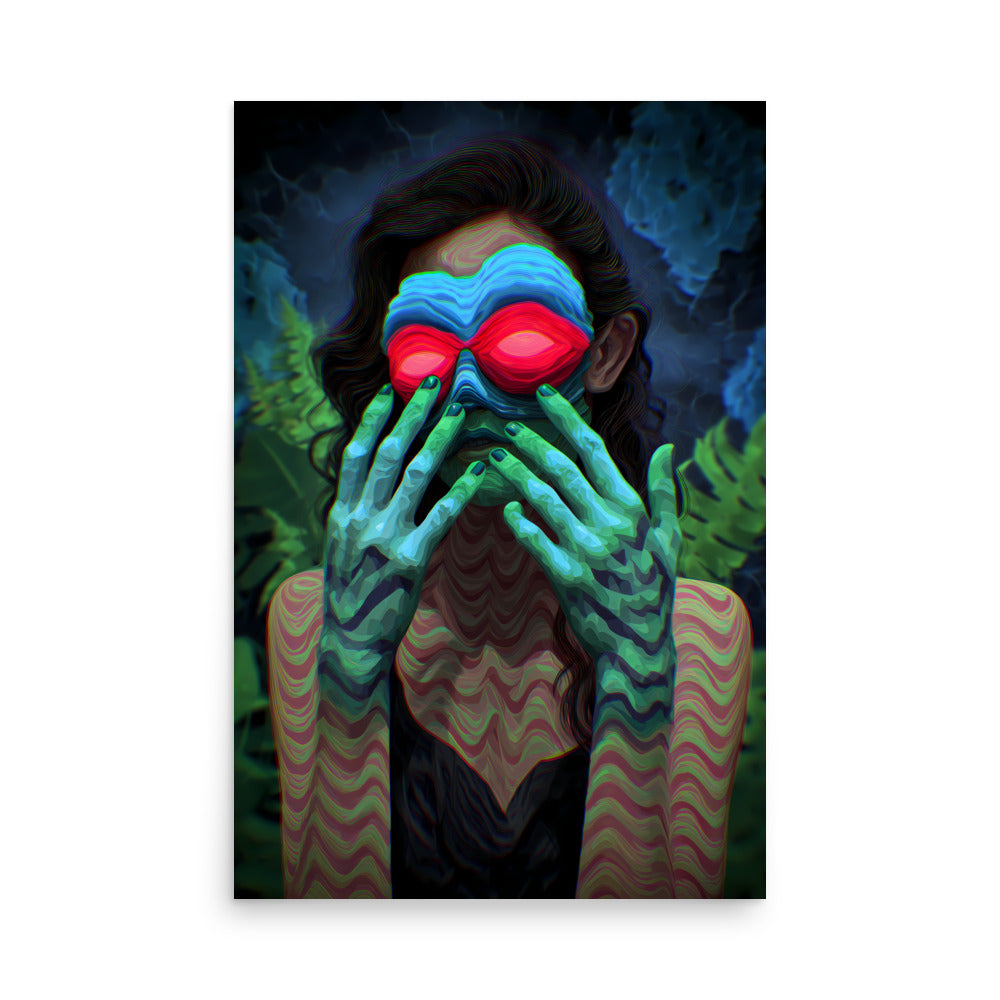 Person with colorful hands and face covering eyes against a dark background