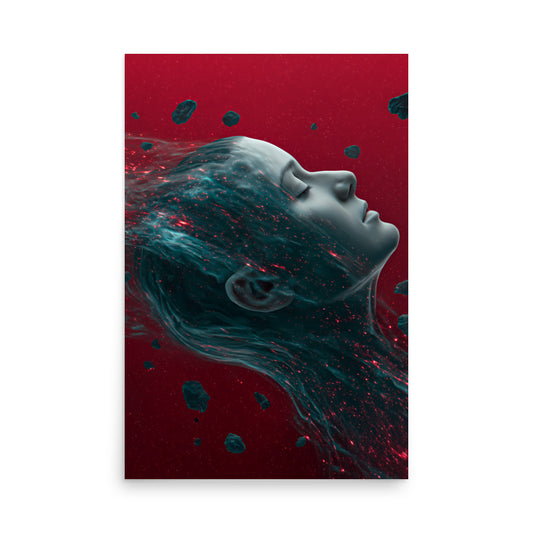 Artistic depiction of a person with flowing hair against a red background