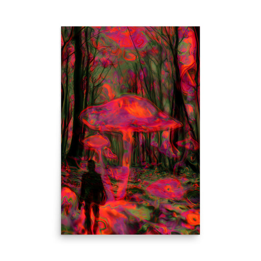 Colorful abstract art of mushrooms and flowers on a white background