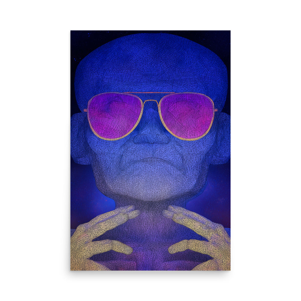 Blue-skinned alien figure wearing purple sunglasses on a black background