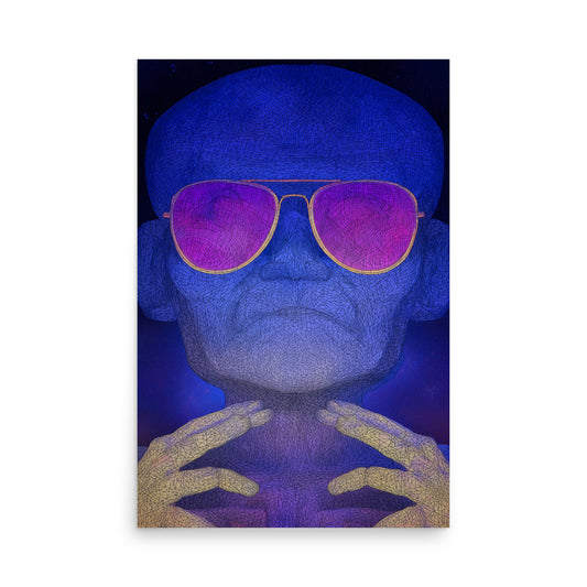Blue-skinned alien figure wearing purple sunglasses on a black background