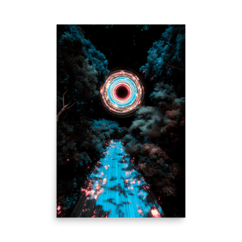 Neon light design in a forest with a circular neon light in the center.