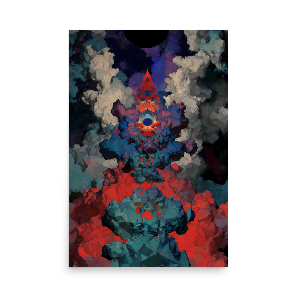 Abstract art print with geometric shapes and vibrant colors on a white background