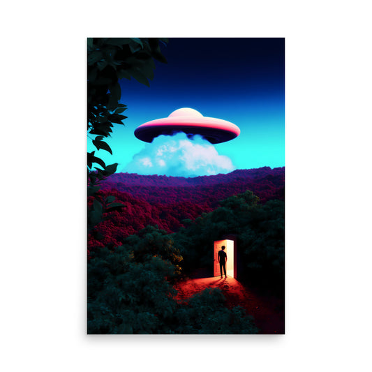 UFO hovering over a forest with a person standing inside a glowing door.