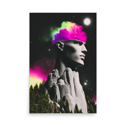 Stylized portrait with colorful cloud effect and mountain landscape