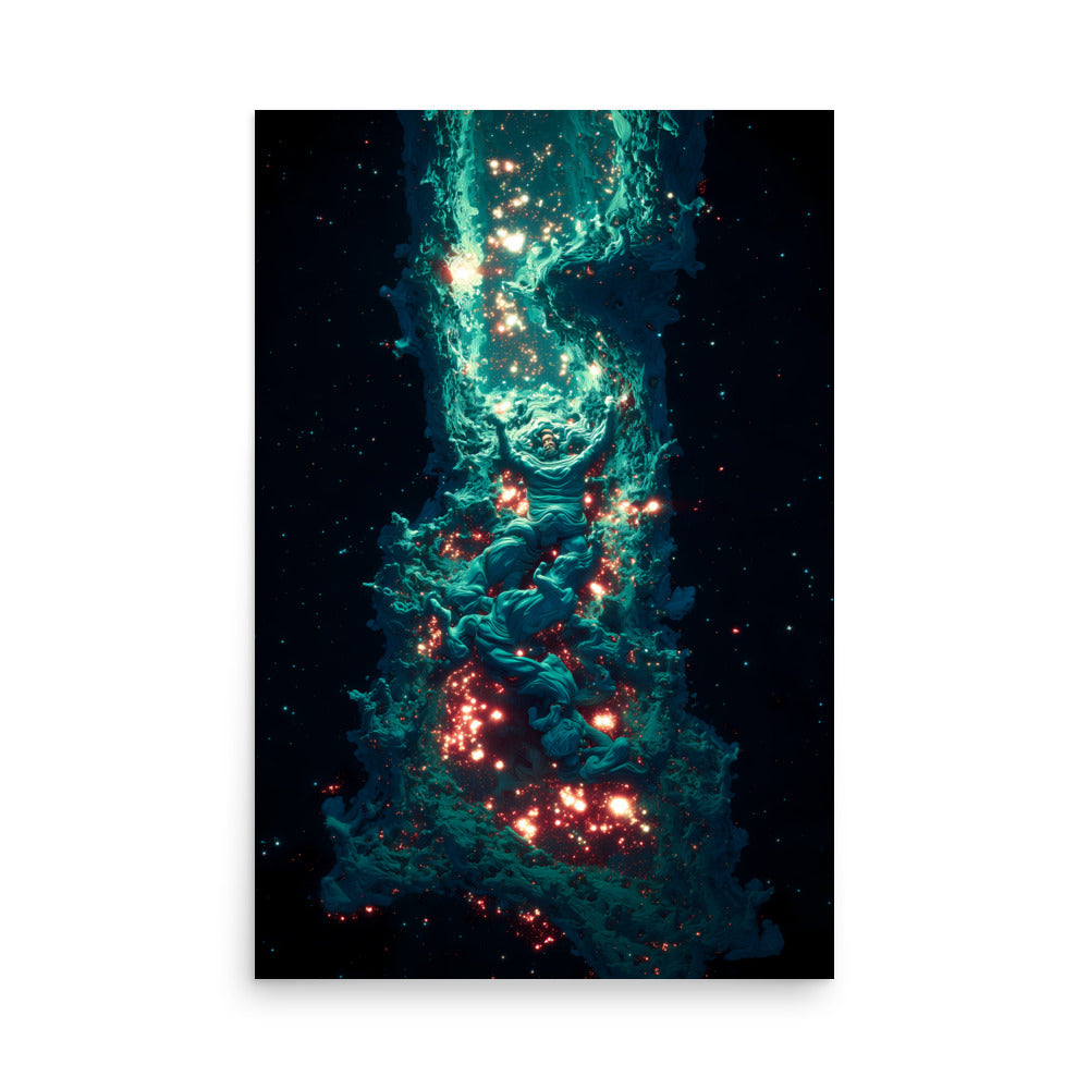 A glowing human figure floats weightlessly in a cosmic rift of teal clouds and radiant orange starlight. Their arms are outstretched as if ascending through a celestial current, surrounded by swirling nebulae and a sea of sparkling stars.