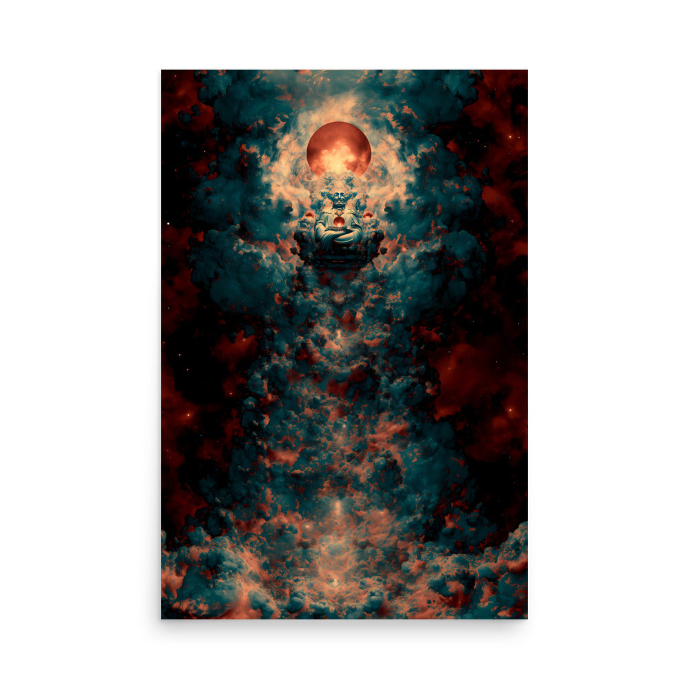 A meditative cosmic figure sits cross-legged in the centre of swirling teal and crimson clouds, cradling a glowing orb. Above its head, a radiant red planet or sun illuminates the scene, creating the impression of a divine being emerging from the fabric of the universe.