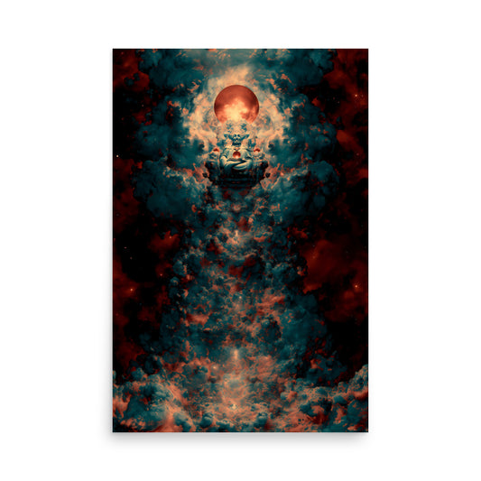 A meditative cosmic figure sits cross-legged in the centre of swirling teal and crimson clouds, cradling a glowing orb. Above its head, a radiant red planet or sun illuminates the scene, creating the impression of a divine being emerging from the fabric of the universe.