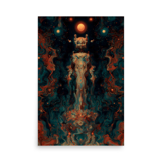 A glowing humanoid figure stands suspended in space, its form made of swirling teal and orange cosmic energy. Spheres of light orbit above its head, with a radiant sun-like orb crowning it, evoking the image of an ascended alien or celestial being emerging from a galactic storm.