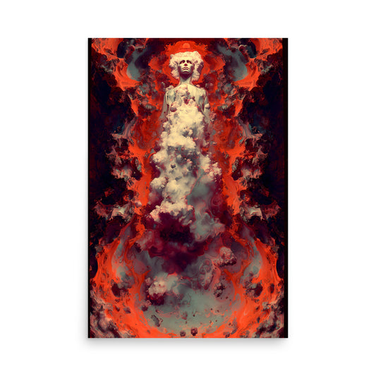 A surreal humanoid figure rises through a column of clouds and smoke, surrounded by swirling red, orange, and black cosmic textures. The figure’s face is calm and illuminated, evoking transcendence and ascension amid a fiery, dreamlike storm.