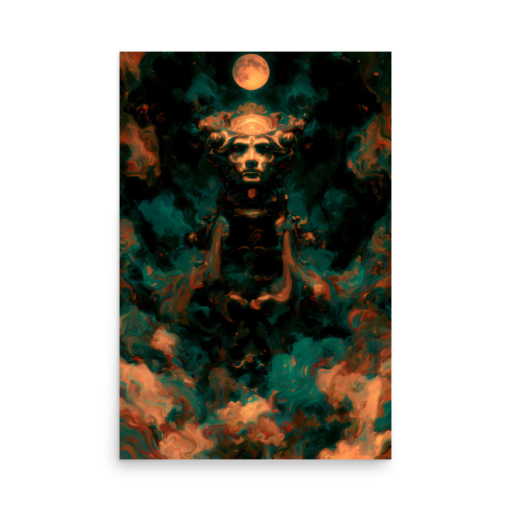 Surreal celestial figure emerging from swirling teal and orange cosmic clouds beneath a glowing full moon. The face is calm yet powerful, carved from light and shadow, giving the impression of an ancient cosmic deity watching over the universe.