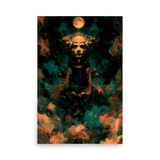 Surreal celestial figure emerging from swirling teal and orange cosmic clouds beneath a glowing full moon. The face is calm yet powerful, carved from light and shadow, giving the impression of an ancient cosmic deity watching over the universe.