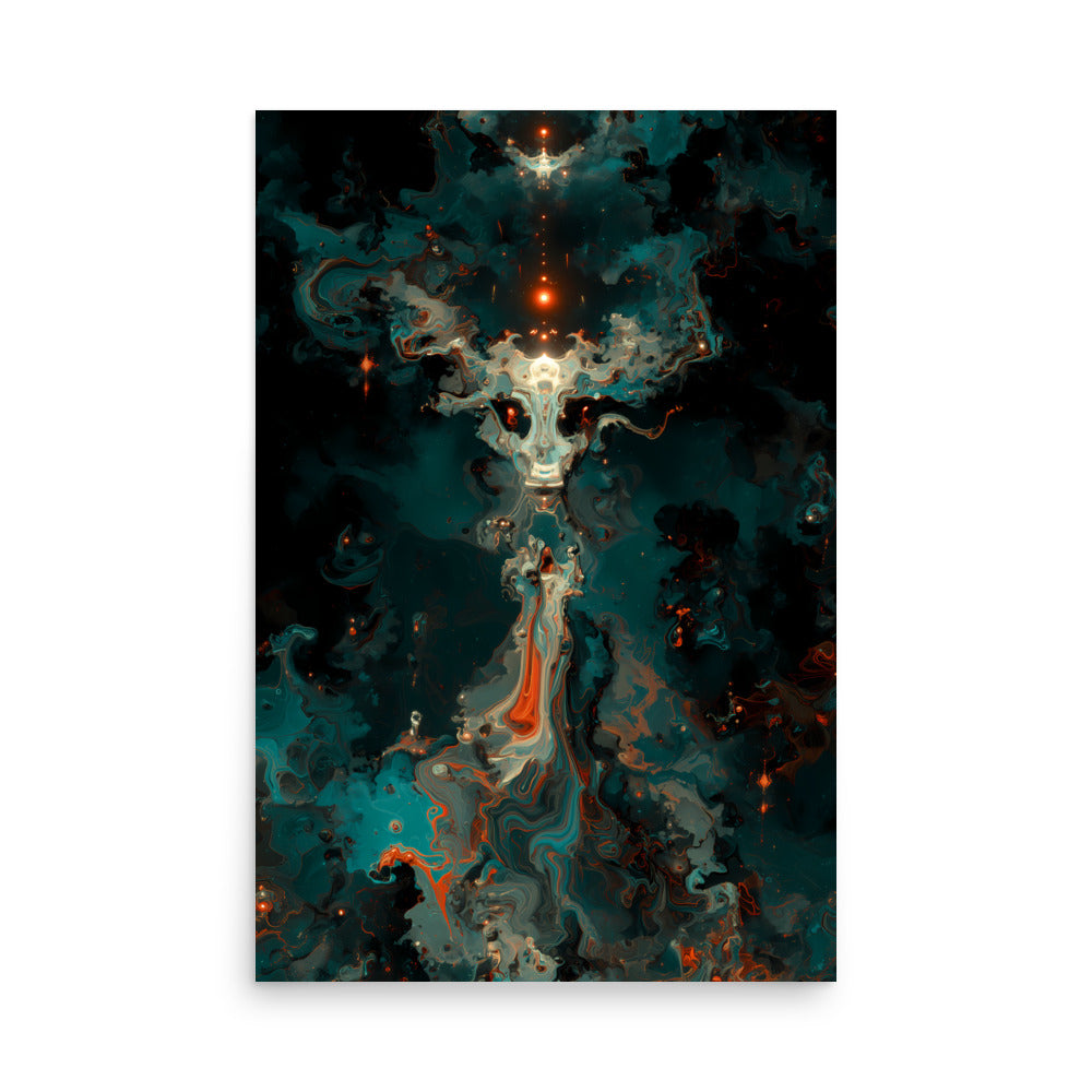 Abstract cosmic artwork depicting a horned, otherworldly figure made of swirling teal, orange, and black nebula clouds. A line of glowing red orbs rises above its head, leading to a radiant point of light, evoking a sense of ascension, energy, and interstellar divinity.