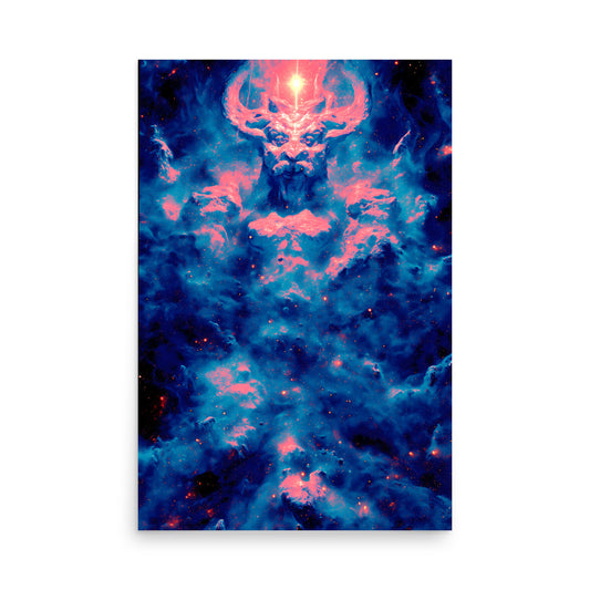 Surreal cosmic figure formed from swirling pink and blue nebula clouds. A powerful, horned being emerges from the void with a radiant beam of light shining from its forehead into the stars above, blending divine energy and celestial mystery.