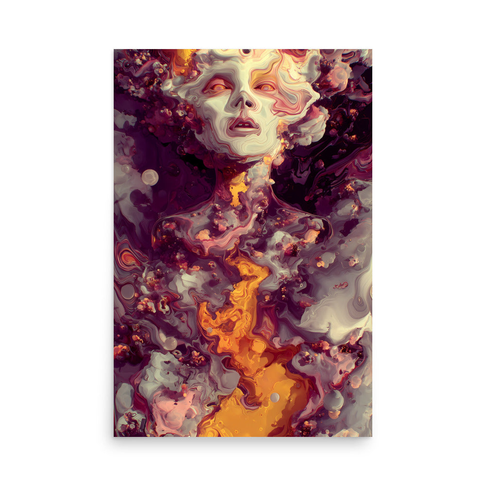 Surreal portrait of a glowing humanoid figure with molten golden light flowing through its body. The face appears sculpted from soft swirling textures in shades of purple, pink, and cream, surrounded by cosmic clouds and abstract energy patterns. The artwork radiates warmth, transformation, and otherworldly beauty.