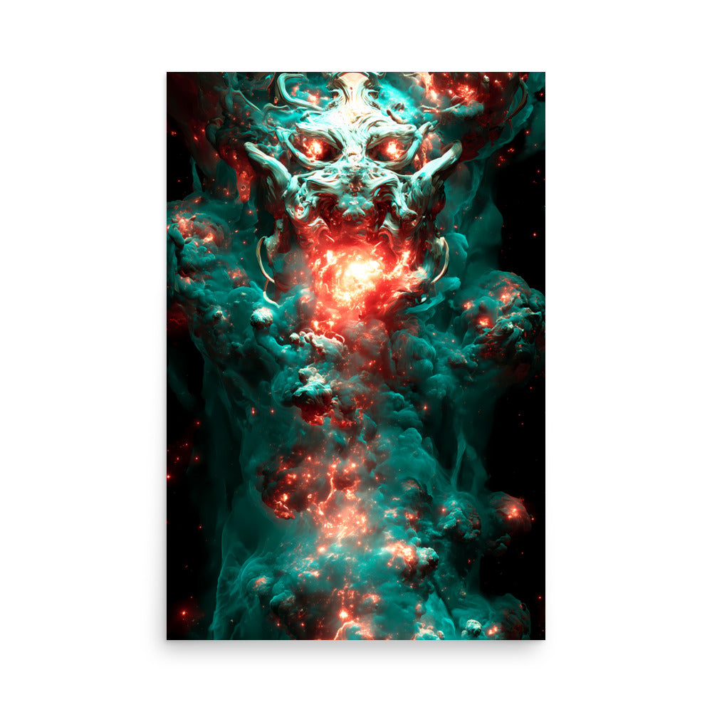 Surreal cosmic artwork depicting a fiery celestial creature formed from swirling teal and red clouds. Its glowing eyes and molten core radiate intense light, as if breathing energy into the surrounding nebula. A vivid fusion of power, chaos, and beauty in deep space.