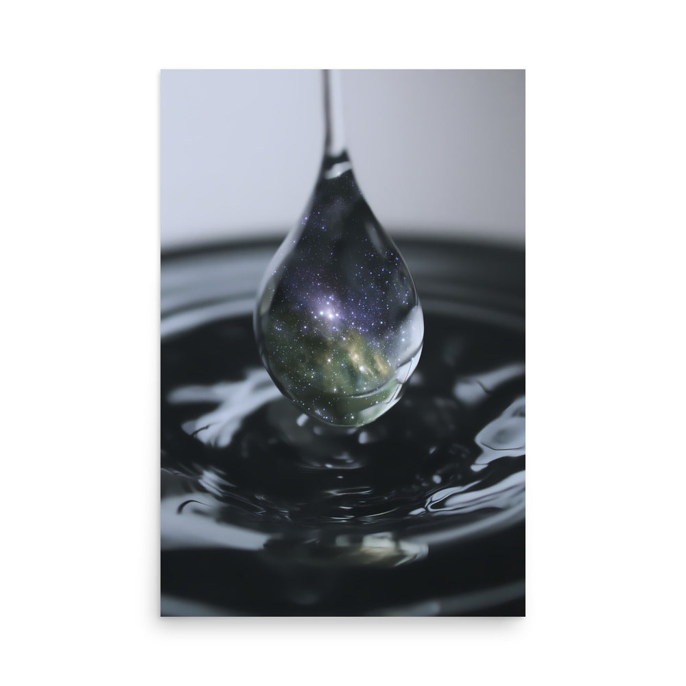 Art print of a water droplet with a reflective surface and galaxy-like pattern.