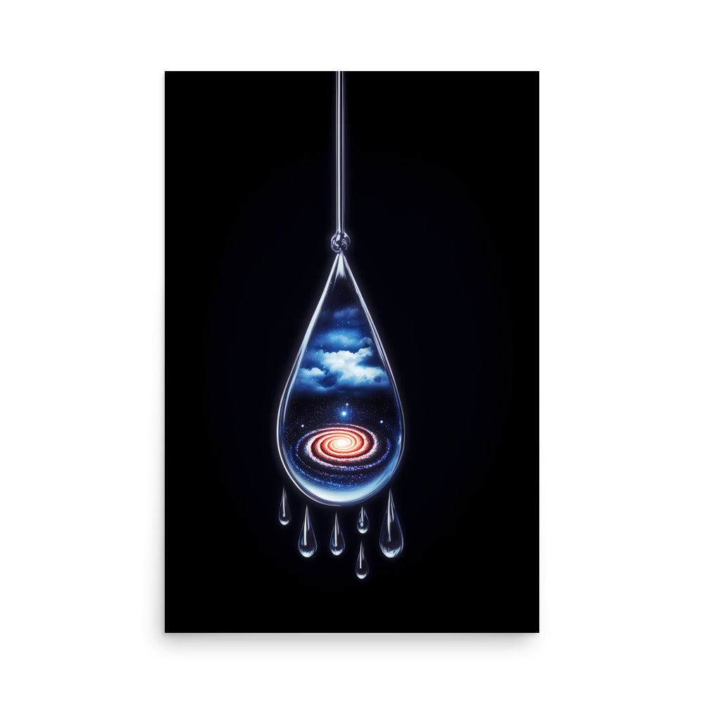 Artistic depiction of a planet inside a teardrop with a black background