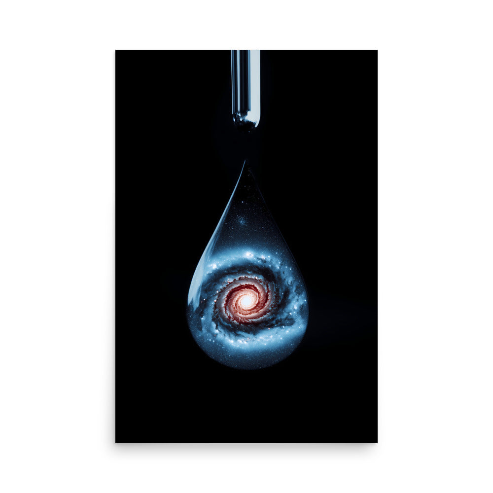 Artistic representation of a galaxy within a droplet against a black background