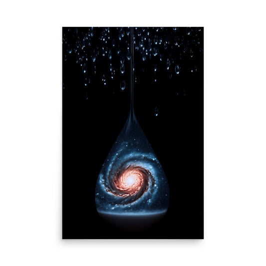 Artistic representation of a galaxy within a drop of water on a dark background