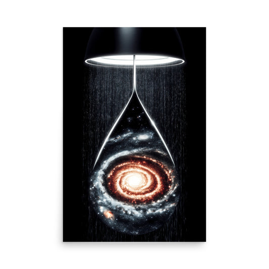 Artistic depiction of a swirling galaxy with a light source at the center, on a rainy dark background.