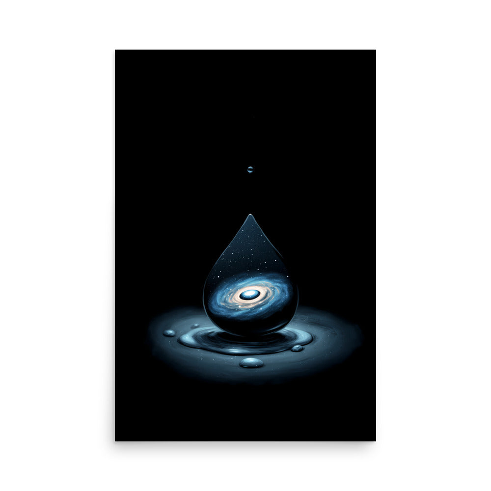 Artistic depiction of a droplet containing a galaxy on a black background