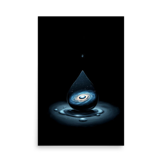 Artistic depiction of a droplet containing a galaxy on a black background