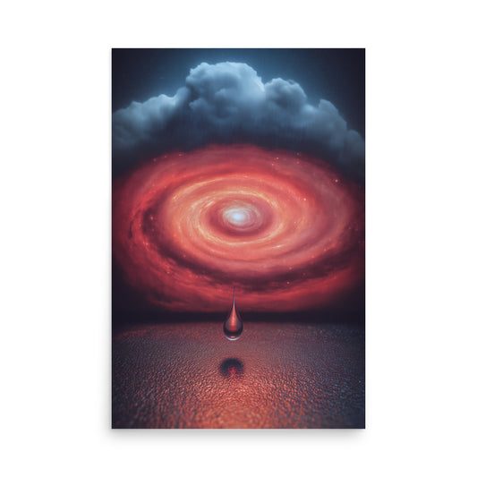 Artistic depiction of a swirling red galaxy with a droplet falling into it on a white background.